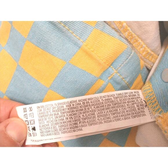 Forever 21 Denim Overall Dress Women Sz L Blue Yellow Check Stretch Mini Skirt - Picture 14 of 16